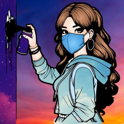 realistic girl with mask spray painting a wall