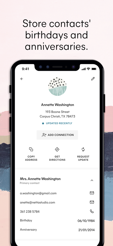 Minted: The Address Book - Smartphone screen of the Minted app showing a contact profile with address, birthday, and anniversary details.