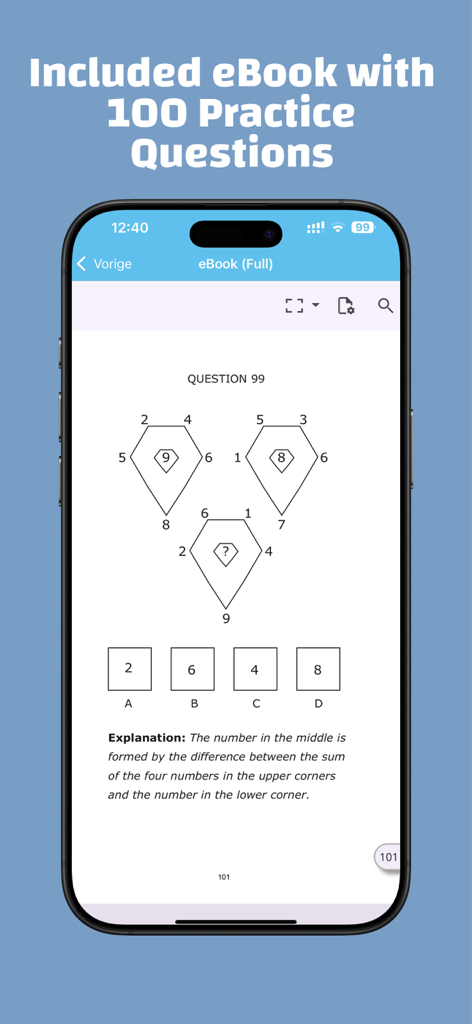 Smartphone screen showing an included eBook with 100 logical reasoning practice questions and explanations.