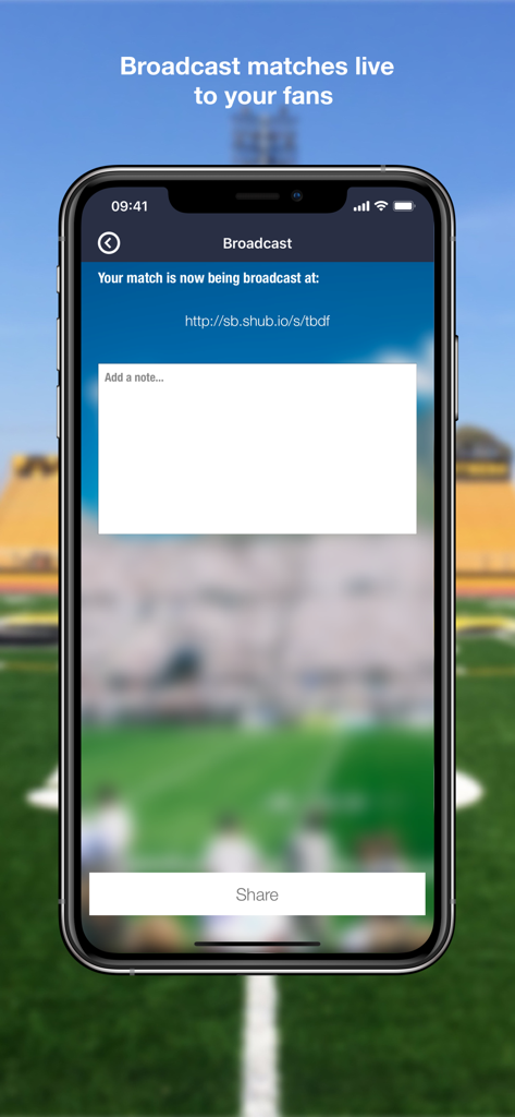 Scoreboard | Score keeper - Smartphone screen showing the live match broadcast feature of the Scoreboard app with a unique sharing link.