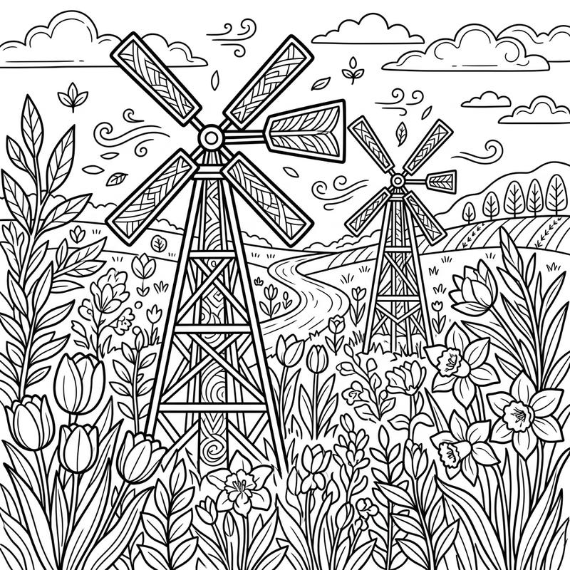Discover the beauty of spring with this detailed coloring page for adults, showcasing majestic wind pumps nestled among a vibrant array of blooming flowers. Enjoy a tranquil escape as you bring this intricate landscape to life with your colors.