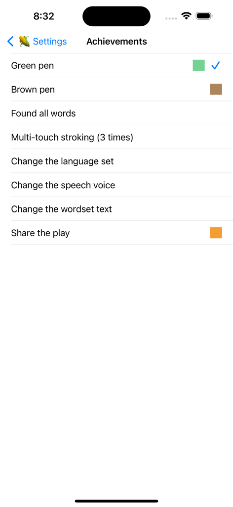 Find the words - Achievements screen in the Find the words app showing unlocked pen colors and game tasks