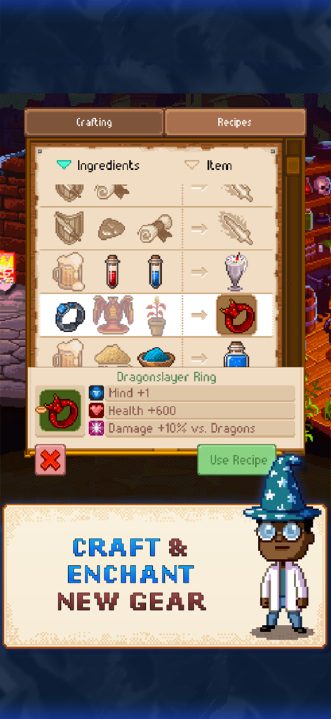 Interfaz de arte de píxeles del menú de fabricación y recetas en Knights of Pen and Paper 2 que muestra ingredientes para un Anillo Matadragones.