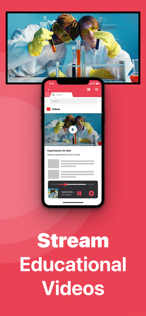 An iPhone mirroring a science experiment video onto a large Samsung Smart TV