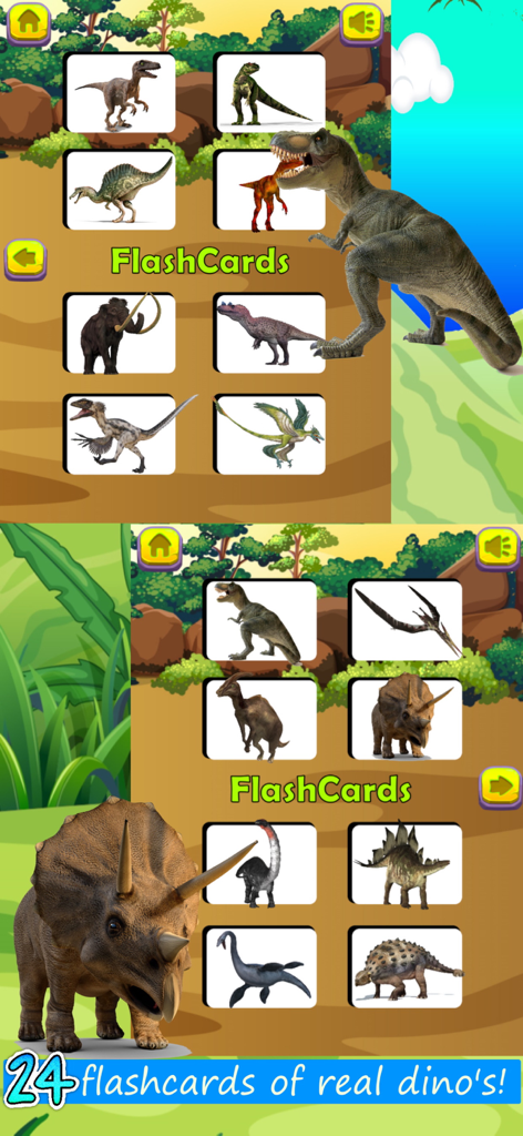 Dinosaur Games For Kids - FULL - Una colección de tarjetas educativas de dinosaurios para niños con imágenes realistas de criaturas prehistóricas como el T-Rex y el Triceratops.