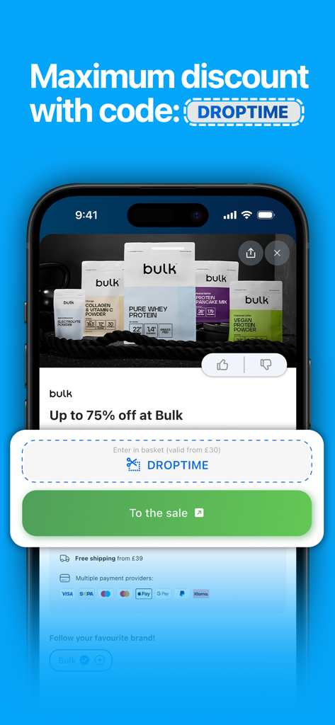DROPTIME - the Supplement App - Mobile app screen showing a discount code for supplement brand Bulk.