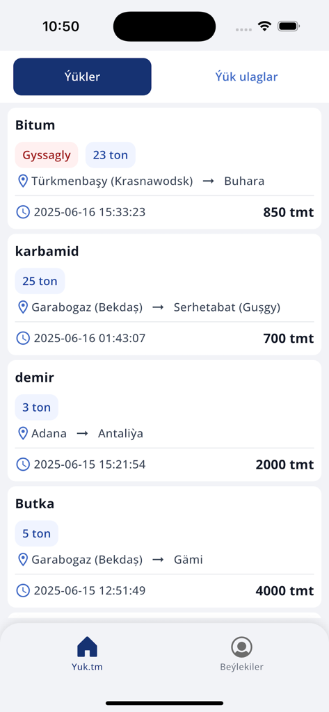 YUK.TM app interface showing available freight loads and shipping details