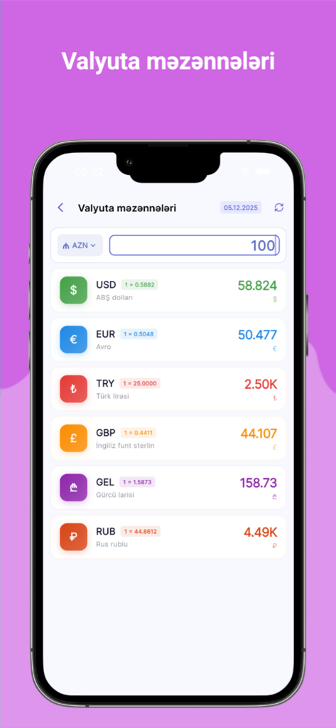 Kredit Hesabla - PulApp - Pantalla de la aplicación móvil PulApp que muestra tasas de cambio y convertidor de divisas para el Manat azerbaiyano.