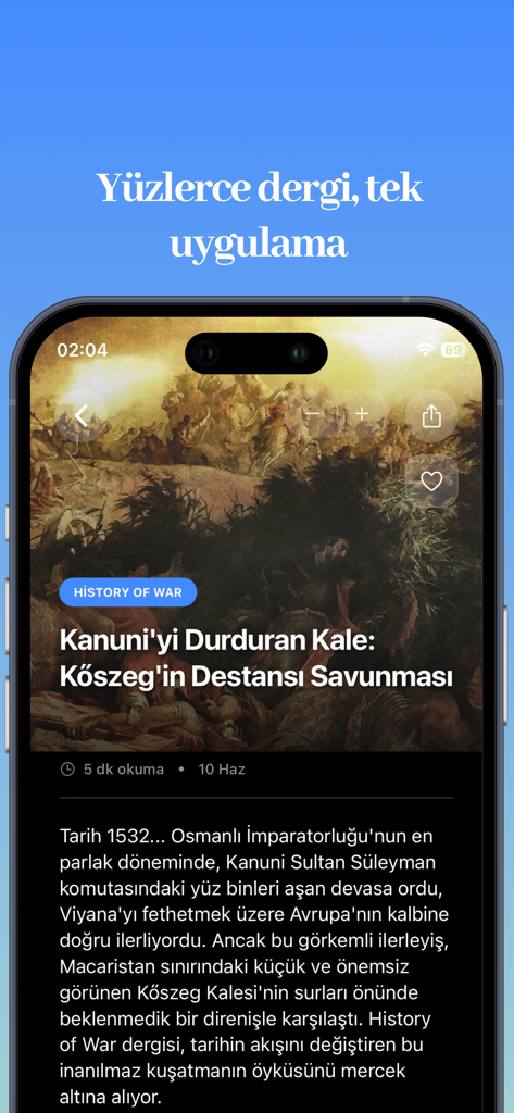 dMags Dijital Dergi Platformu - dMagsデジタルプラットフォームアプリ内で、トルコ語の歴史雑誌の記事が表示されている携帯電話の画面。