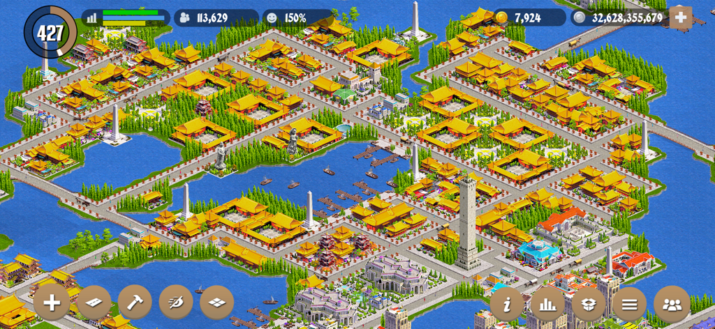 Designer City: Empire Edition - Top down view of a large historical city with golden roofs and water harbors in Designer City Empire Edition