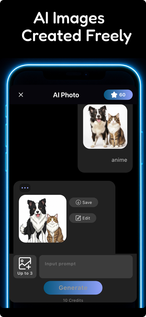 AI video generator-Vidy AI - Vidy AI photo generator screen showing a dog and cat transformed into anime art.