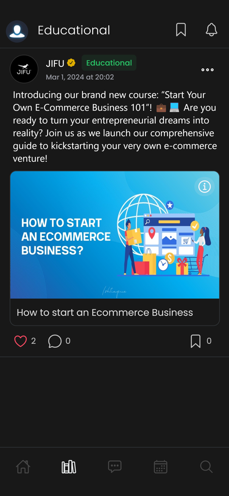 JIFU Connect - Una publicación social en la aplicación JIFU Connect promocionando un nuevo curso sobre cómo iniciar un negocio de comercio electrónico.