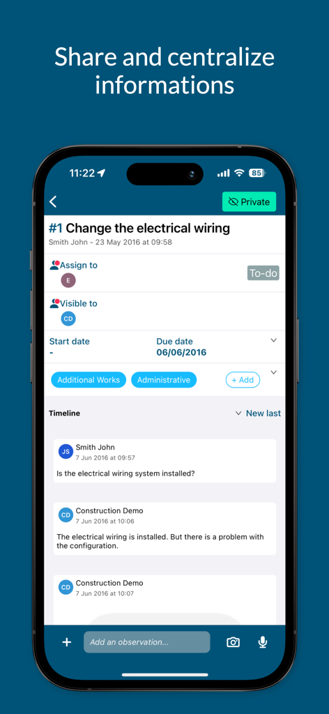 Task management screen in the Bulldozair app showing a project task for electrical wiring with a communication timeline