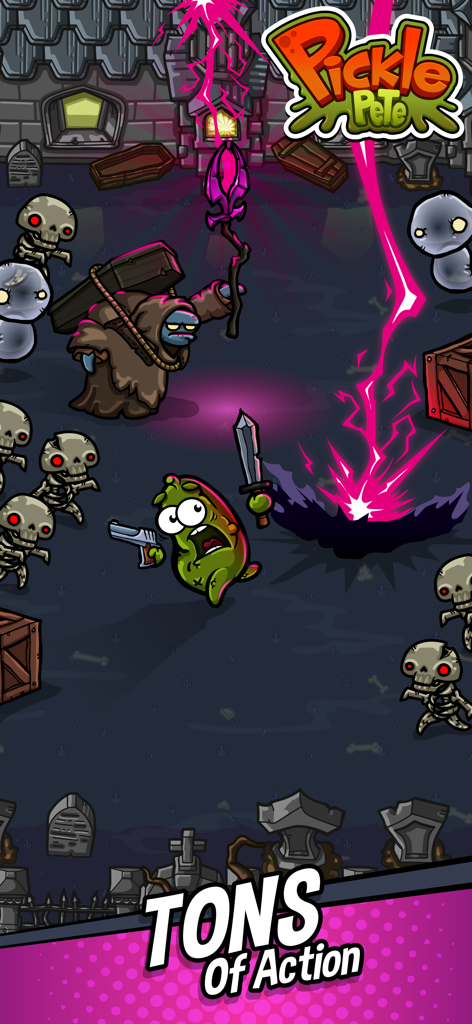 Pickle Pete: Survivor - Pickle Pete character fighting waves of skeleton enemies in a graveyard arena