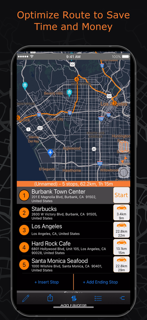 PlaceMaker Route Planner - PlaceMaker app interface showing an optimized five stop route on a Los Angeles map with travel times and distances