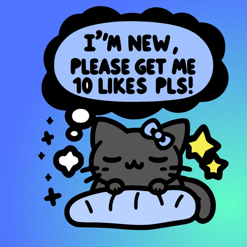 kitty taking a nap dream talking and saying "i'm new, please get me at least 10 likes pls!!"
