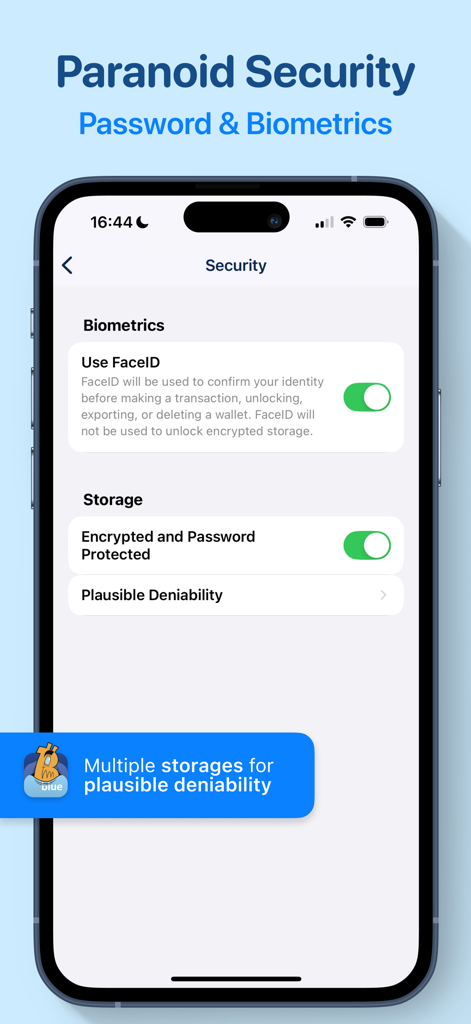 BlueWallet app security settings showing biometrics and plausible deniability options
