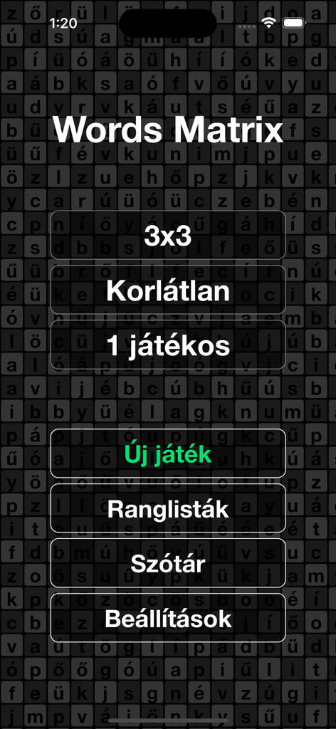 Hauptmenübildschirm des ungarischen Worträtselspiels WordsMatrix mit Optionen für die Gittergröße und den Start eines neuen Spiels