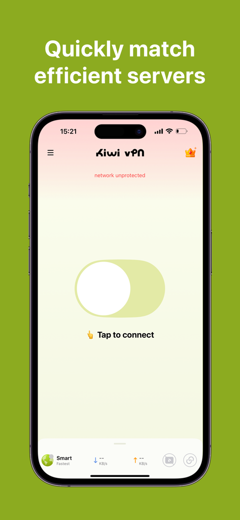 Kiwi VPN: Net Security - Interface de l'application Kiwi VPN montrant un bouton de connexion par un geste pour des serveurs rapides