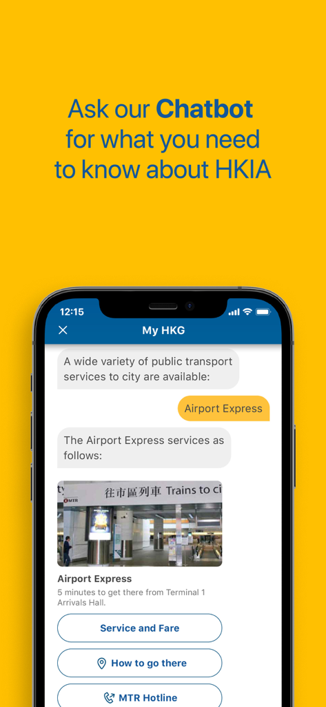 The My HKG app chatbot interface showing transport options from the airport