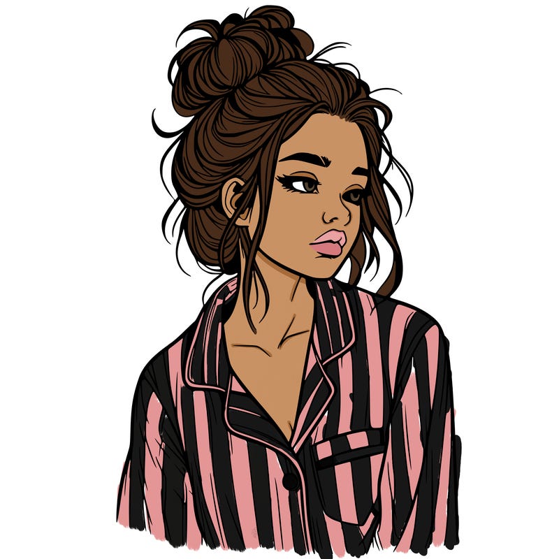 realistic woman with pajamas on and a messy bun