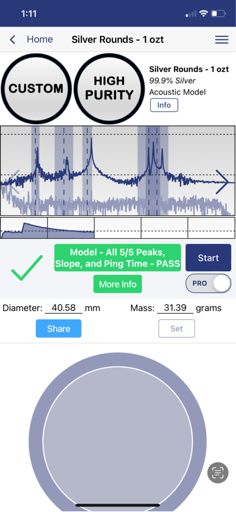Interfaz de la app StackerTools mostrando una prueba de resonancia acústica exitosa para una moneda de plata de 1 onza