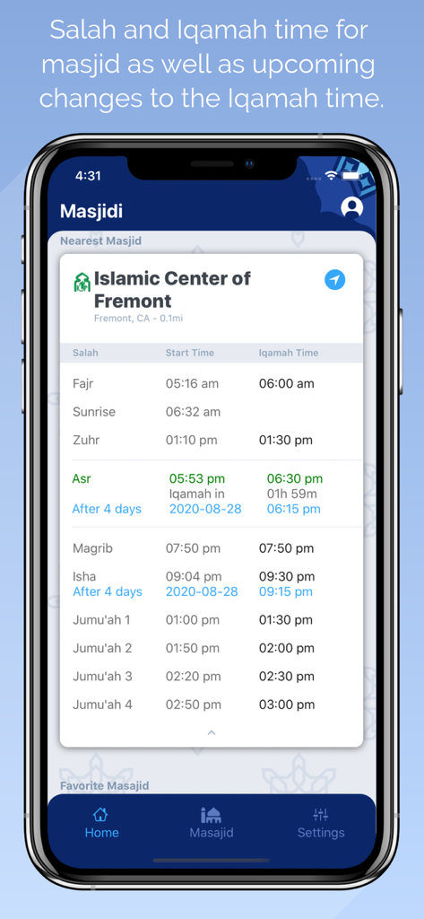 Masjidi-Salah and Iqamah times - Salah and Iqamah prayer times for Islamic Center of Fremont on Masjidi app