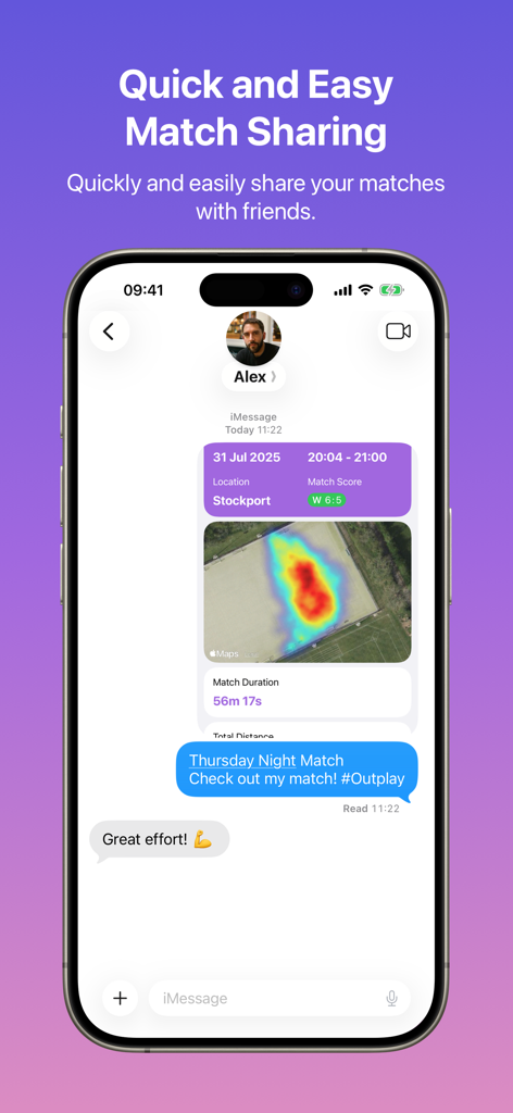 A soccer match summary with a heatmap and score shared via iMessage