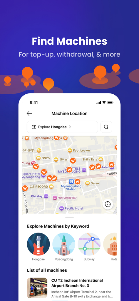 Mobile app map showing WOWPASS machine locations in Seoul for top-up and withdrawal