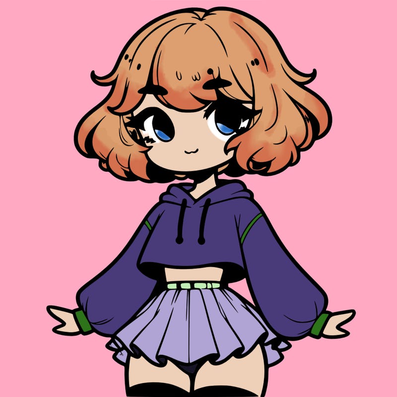 cute femboy with short, fluffy hair that softly frames their face, wearing a cropped hoodie, paired with a flouncy short skirt, and thigh-high stockings
