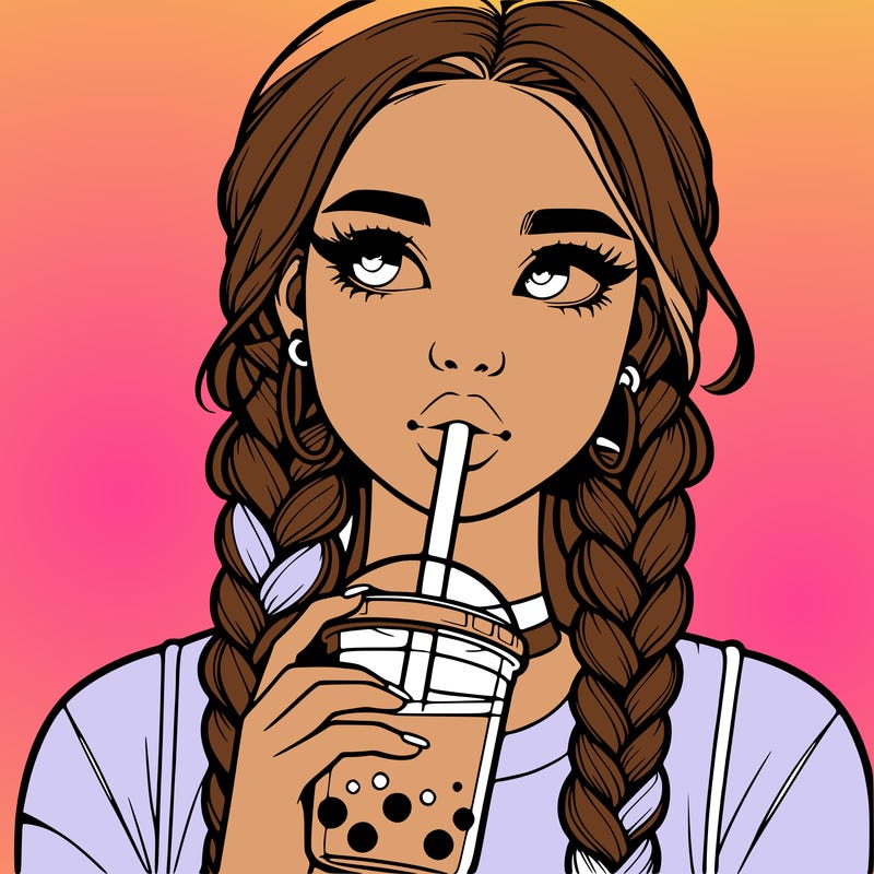 realistic girl with braided hair drinking boba