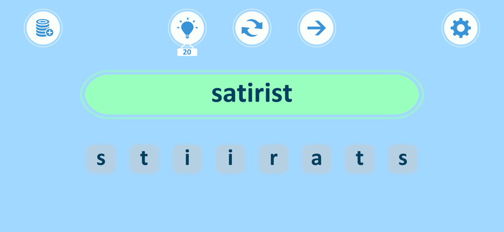Anagrams - Word Search Puzzle - Pantalla de juego de Anagramas Word Search Puzzle mostrando la palabra 'satirist' resuelta a partir de letras revueltas