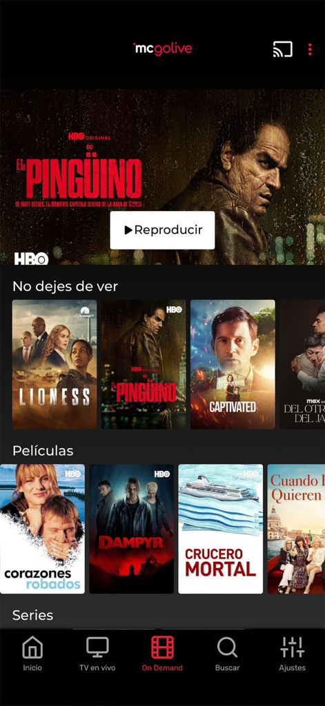 Interfaz de la aplicación MC GO LIVE que muestra películas y series bajo demanda