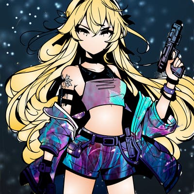 bad girl wearing crop top holding a gun long hair anime