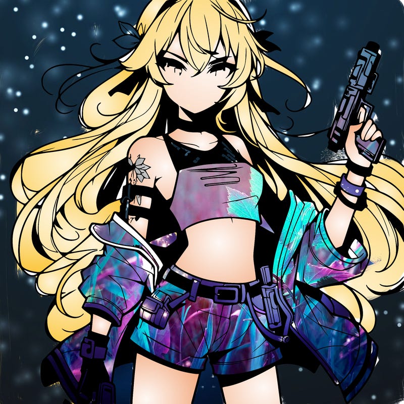 bad girl wearing crop top holding a gun long hair anime