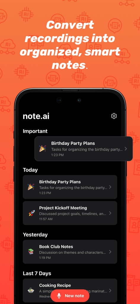 Die Benutzeroberfläche der note.ai App zeigt eine Liste organisierter KI-Notizen, einschließlich Besprechungsprotokolle und persönlicher Pläne auf einem iPhone.