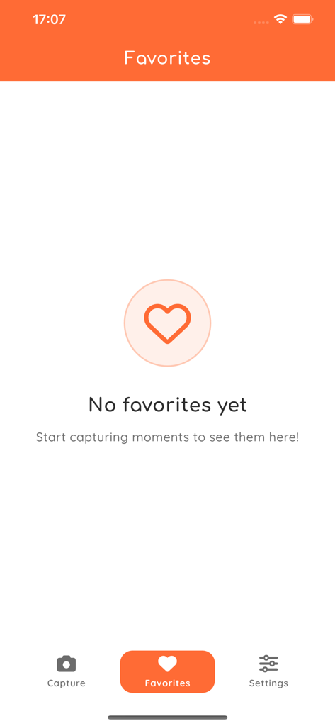 Tela de favoritos vazia no aplicativo omitv memory pics mostrando um ícone de coração