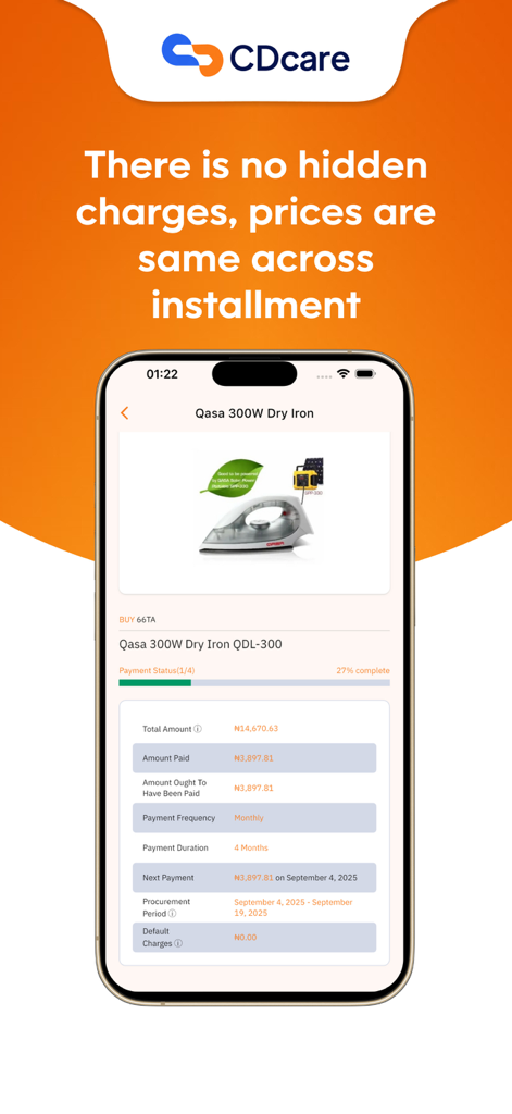 Mobile app screen showing a detailed monthly installment payment plan for a dry iron with zero hidden charges.