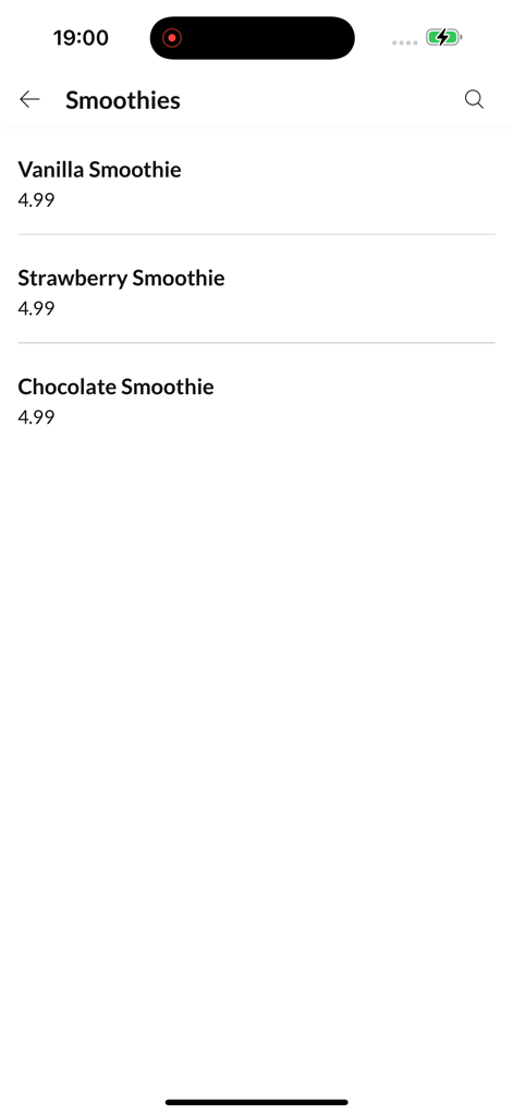 Vibe Cafe & Kitchen - Vibe Cafe and Kitchenアプリのスムージーメニュー画面。バニラ、ストロベリー、チョコレートのオプションが表示されています。