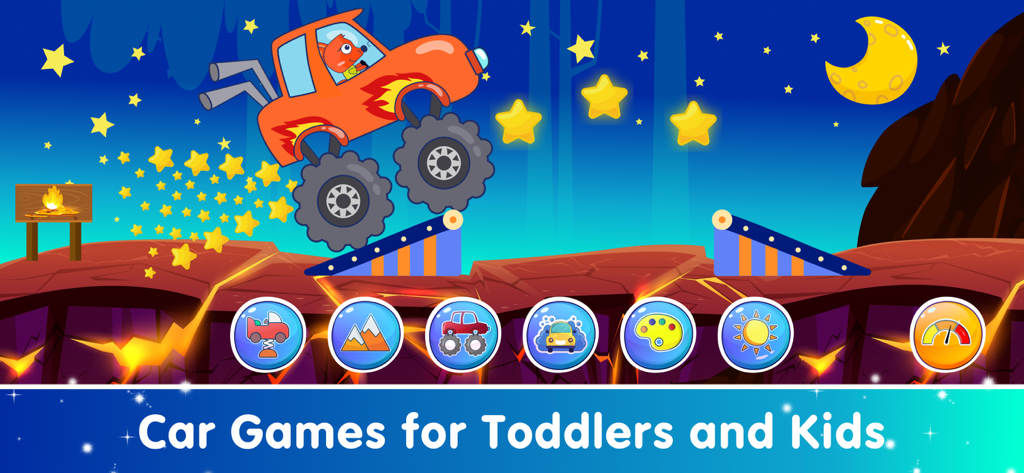 Kids Car Games for Toddlers - 幼児向けカーゲームで、星空の夜の風景を疾走するオレンジ色のモンスター・トラック。