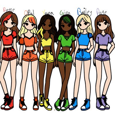a group of girls wearing crop tops and shorts