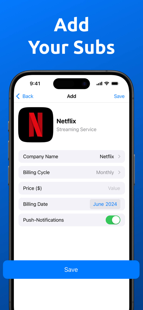 Subscription Trackerㅤ - Interface for adding a Netflix subscription including billing cycle and price