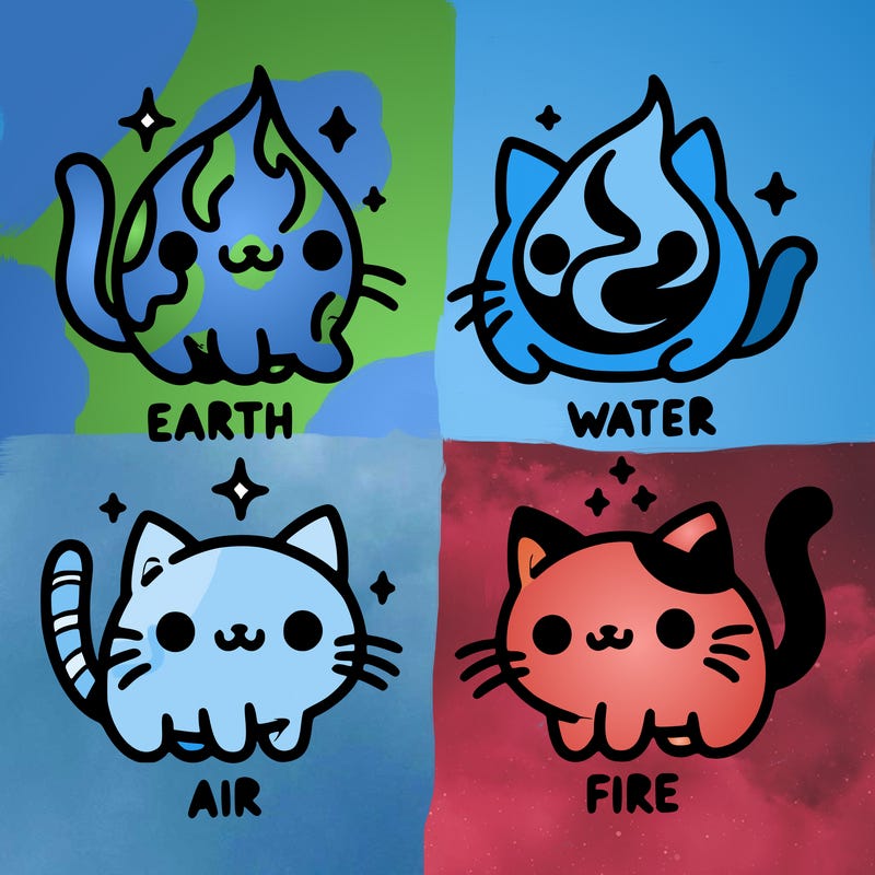 4 cats that represent the different elements, earth, water, air, and fire
