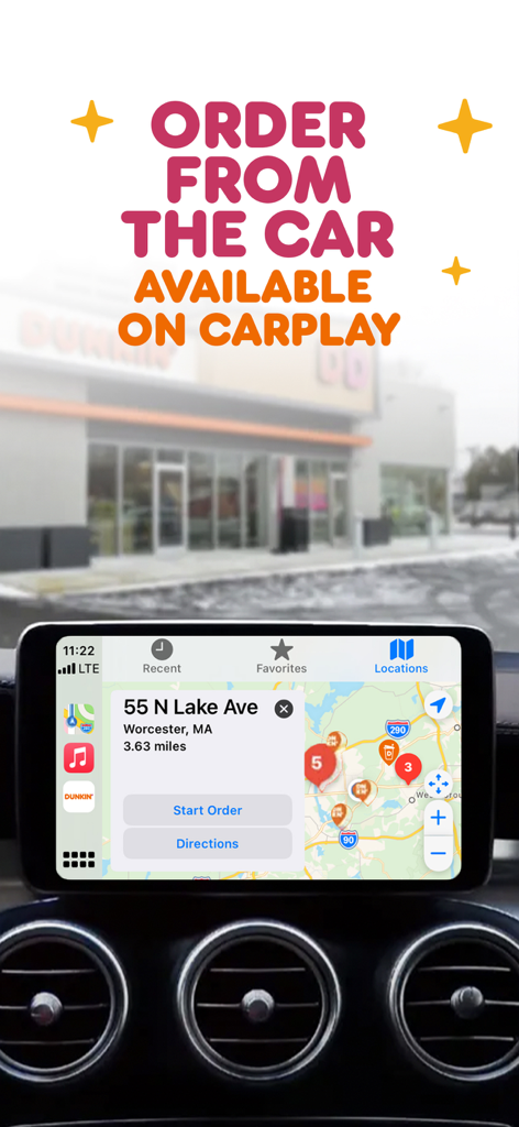 Dunkin' - Dunkin app on a car dashboard screen using Apple CarPlay to order ahead while commuting