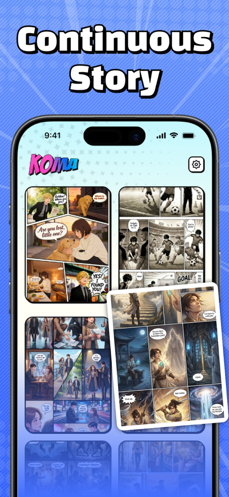 Koma - AI Manga & AI Comics - A mobile phone displaying the Koma app with various AI-generated manga panels