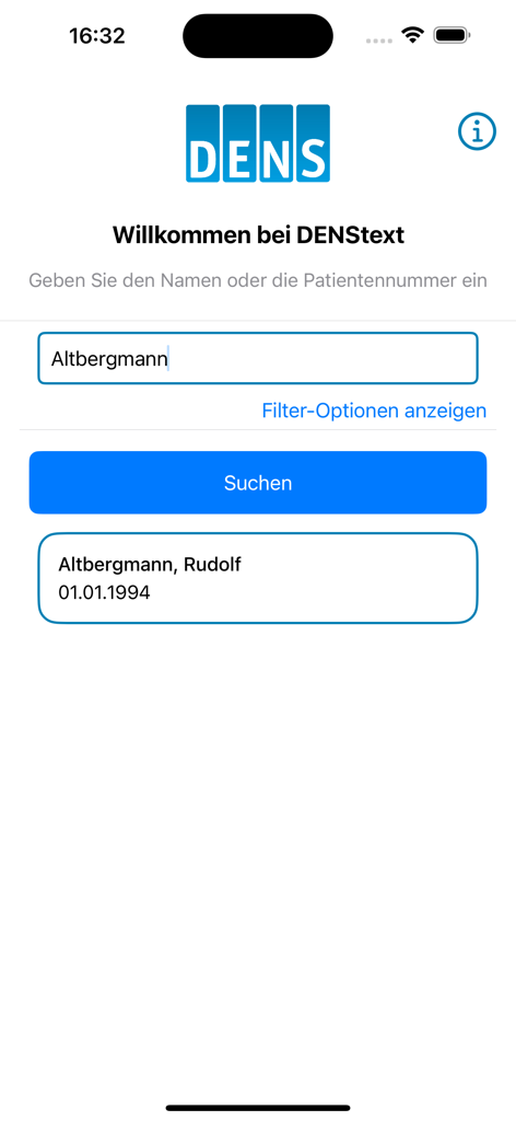 Patientensuchoberfläche in der DENStext-App für zahnärztliche Dokumentation.