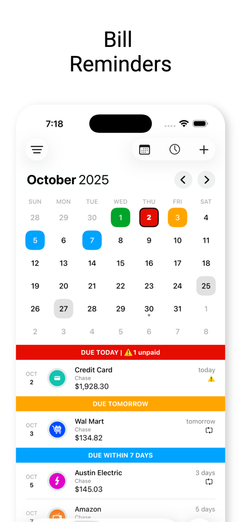 Bill Tracker Pro - Bill Tracker Pro app calendar showing upcoming bill reminders and due dates