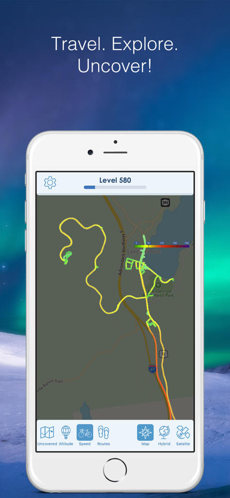 Die World Uncovered App zeigt eine farbenfrohe Reiseroute auf einer Karte mit einem Level-System.