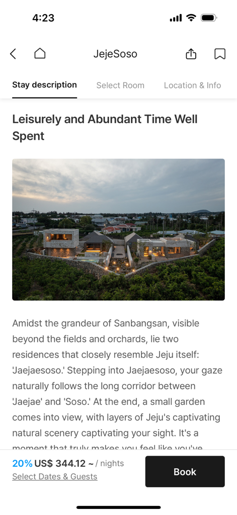 STAYFOLIO - A description page of the STAYFOLIO app showing a modern architectural residence on Jeju Island
