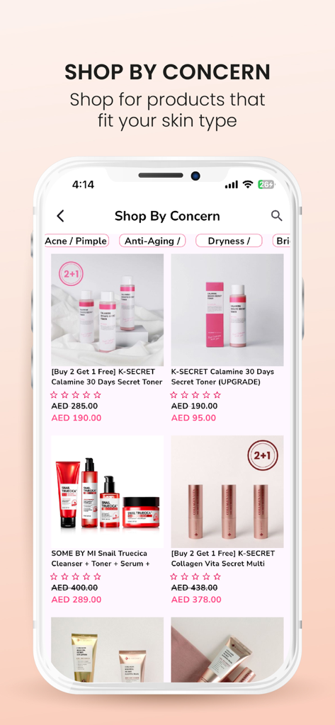 K-SECRET - Schermata dell'app K-Secret che mostra prodotti per la cura della pelle coreana categorizzati per problematiche della pelle